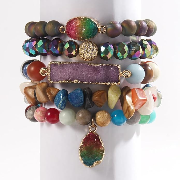 Yomisa 5PCS 6PCS Natural Boho Beaded Bracelets/Bangle for Women Men,Healing Turquoise Jasper Agate Crystal Gemstone Stone Chakra Multilayer Wrap Bohemian Handmade Jewelry Beads Stretch Bracelet Set