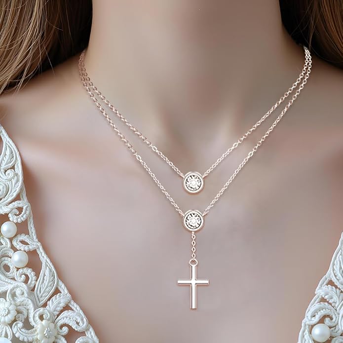 Layered Necklaces for Women S925 Sterling Silver 14k Gold Plated Cross Jesus Tulip Birth Month Flower Necklace Pendant Jewelry Mothers Day Birthday Gifts