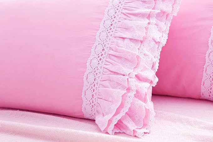 2-Pack Pink Pillow Shams Cases Covers with Ruffles and Lace Cotton King Size 20"X36"Soft Boudoir Luxurious