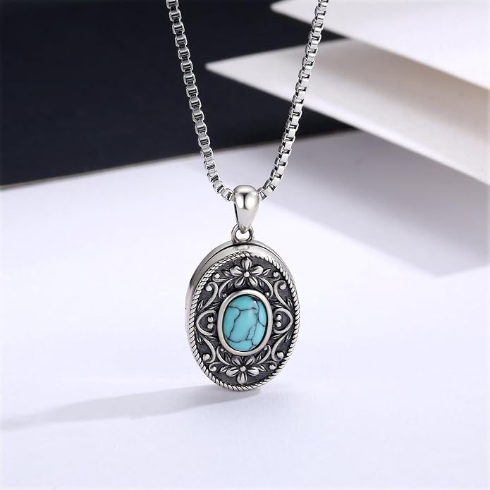 925 Sterling Silver Oval Turquoise Lockets Pendant that Holds Pictures Vintage Jewelry Memorial Gifts for Women