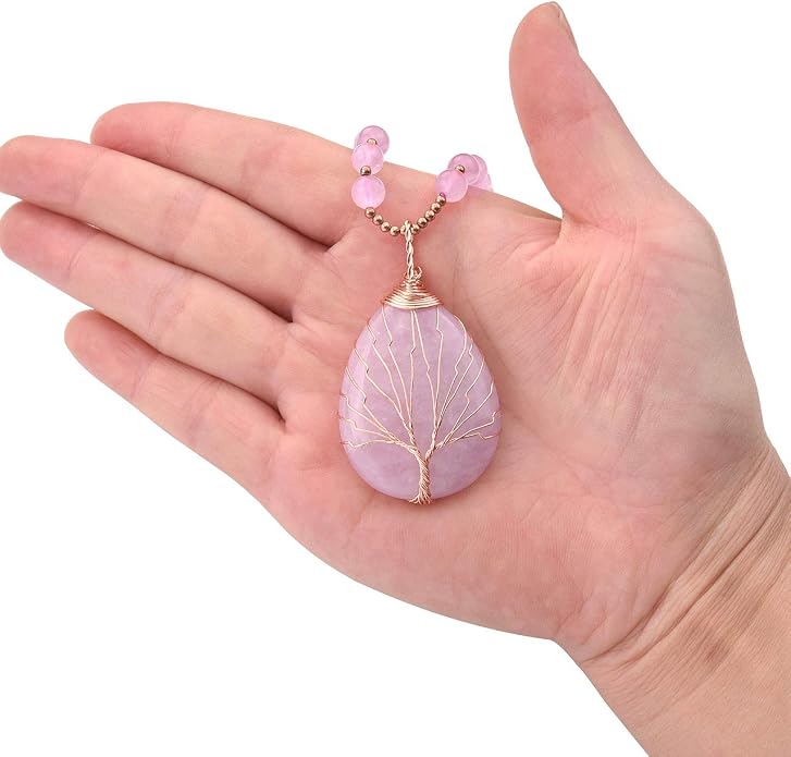 Top Plaza Healing Crystal Amethyst Necklace Natural Stone Beads Life Tree Wire Wrapped Teardrop Gemstone Pendant Jewelry for Women Mom