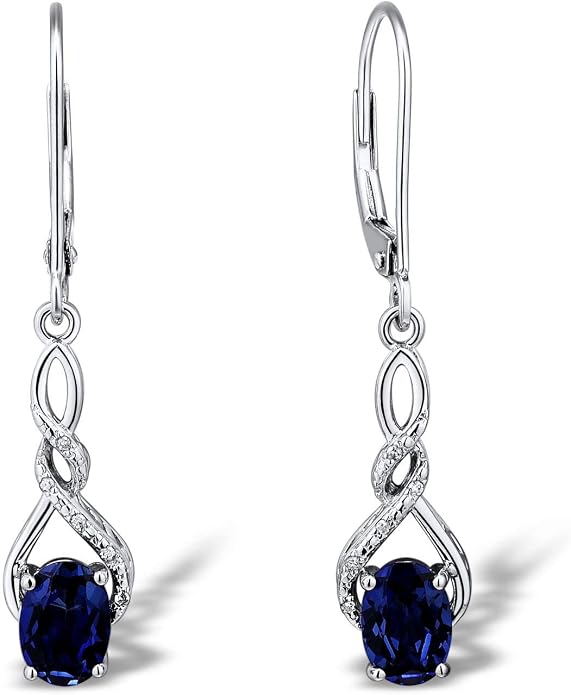 Lab Created Blue Sapphire Earrings Diamond Accent in Sterling Silver - Lever Backs