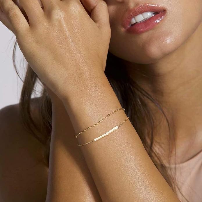 Dainty Gold Bracelets for Women, 14K Gold Plated Adjustable Layered Beads Bracelet Cute Evil Eye Oval Chain Pearl Bar Turtle Gold Bracelets for Women Jewelry
