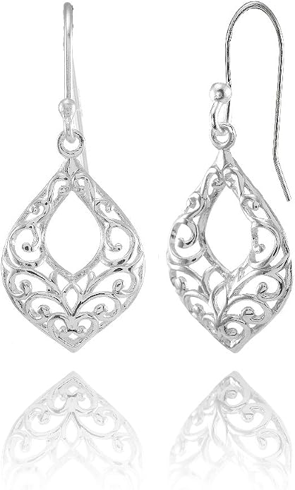 Hoops & Loops 925 Sterling Silver Open Teardrop Leaf Shape Filigree Dangle Drop Hook Earrings for Women, Silver, Yellow & Rose Gold