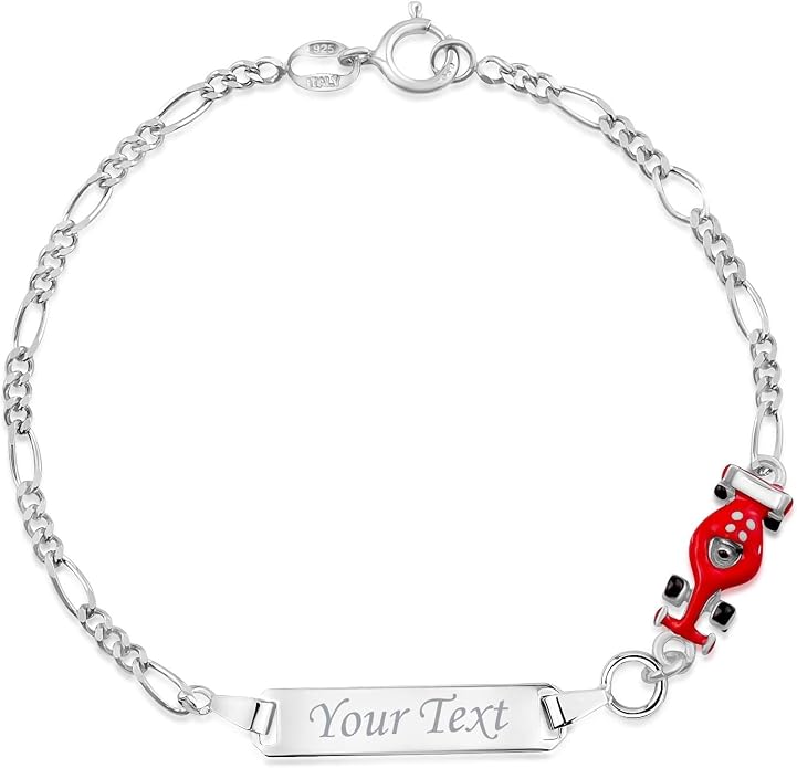 UNICORNJ 925 Italy Sterling Silver Child or Baby Name Bracelet Girls Boys, Personalized Engraved Kids ID Bracelets, 6.5" Figaro Chain, Enamel Charm Newborn Infant Toddler Kid Jewelry