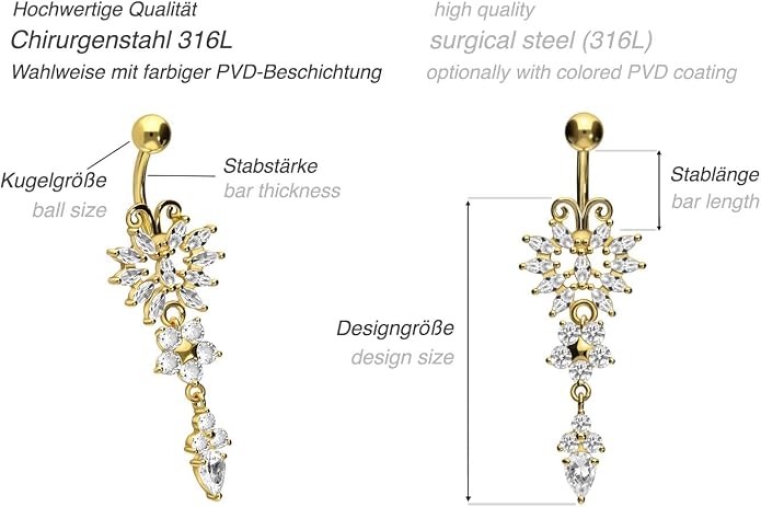PIERCINGLINE surgical steel dangle belly button piercing with butterfly and flower - belly button ring surgical steel, gold, silver, rosegold piercing - new version with improved durability