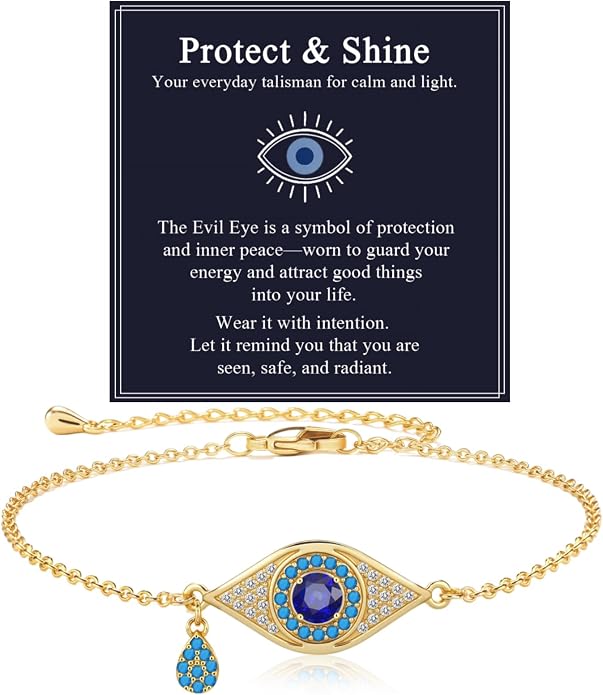 Evil Eye Bracelets for Women Gold Plated Dainty Chain Zirconia Turquoise Charm Adjustable Protective Lucky Link Bracelet Jewelry for Best Friends Sister Travel Birthday Just Because Gift