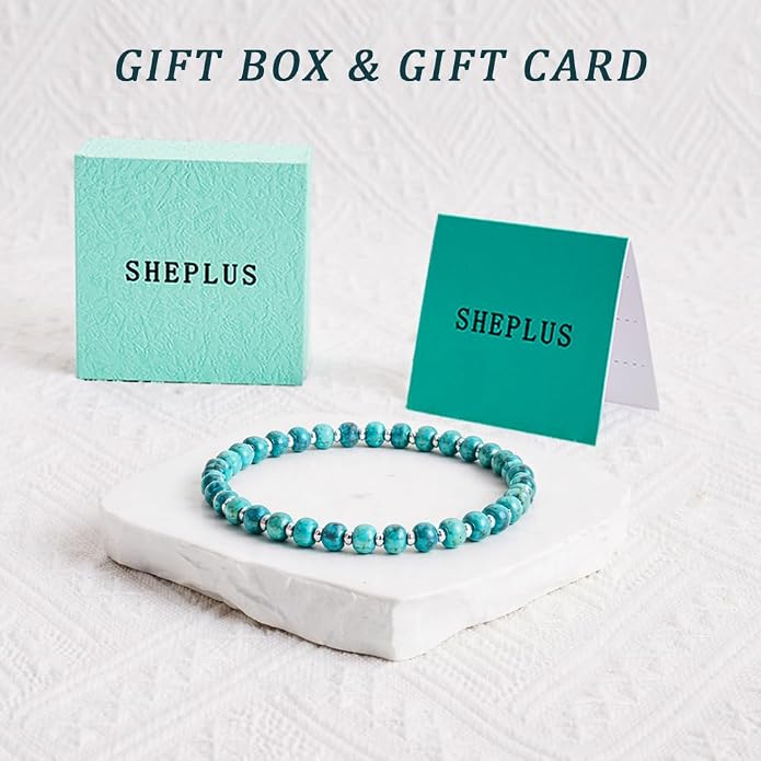 Sheplus 925 Sterling Silver Genuine Turquoise Bead Bracelet,Charm Boho Western Stretch Gift Jewelry for Women Wife Mom
