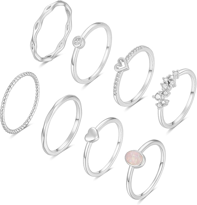 RLMOON 8-12PCS 14K Gold Ring Set for Women Non Tarnish Dainty Silver Rose Gold Thumb Stackable Stacking Rings Heart CZ Pinky Rings Plain Band Size 4-12