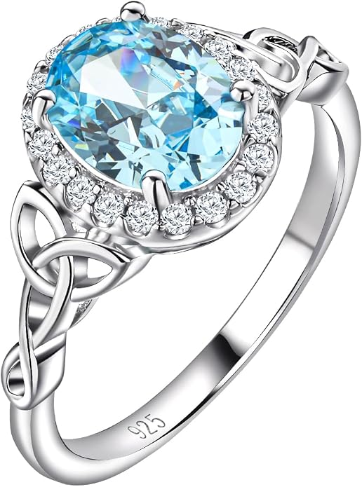 DAYBYDAY Celtic Birthstone Rings for Women 925 Sterling Silver Heart/Round/Pear/Oval Created Gemstone Moissanite Halo Engagement Promise Rings for Her Wife Birthday Anniversary Wedding Jewelry