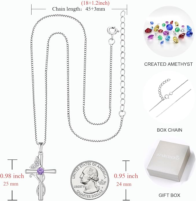 STARCHENIE Butterfly Cross Necklace 925 Sterling Silver Crucifix Pendant Birthstone Jewelry for Women