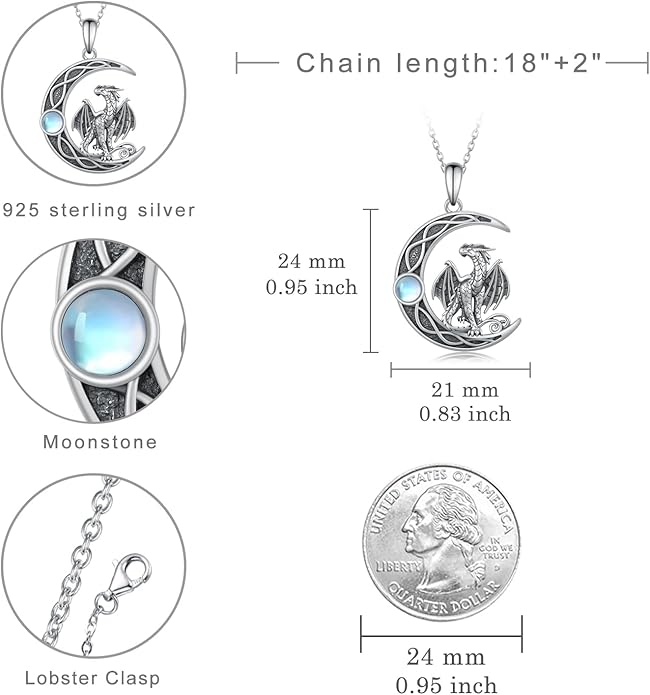 Dragon/Fairy Necklace 925 Sterling Silver Moonstone Crescent Moon Necklace Birthday Gifts for Women