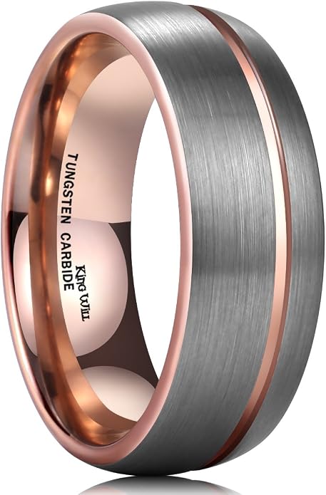 King Will Mens 8mm Rose Gold Groove/Gold Loop/Black Cross Groove Tungsten Carbide Wedding Ring Line Flat Pipe Cut Brushed Polished Comfort Fit 7-14