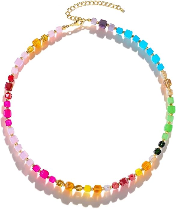LALAPPLE Colorful Beaded Gemstone Necklace for Women, Boho Rainbow Bead Choker with Natural Stone Crystal Beads, Handmade Summer Beach Necklace Jewelry
