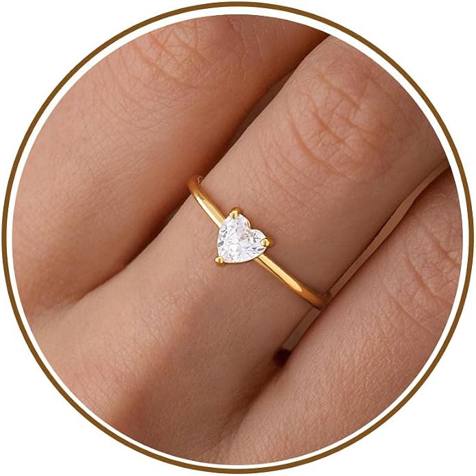 WFYOU Gold Heart Birthstone Rings for Women 14K Gold Plated Non Tarnish Stackable Pinky Cubic Zirconia Rings Emerald Dainty Gemstone Thumb Ring Band Cute Jewelry Birthday Gift Size 5-10