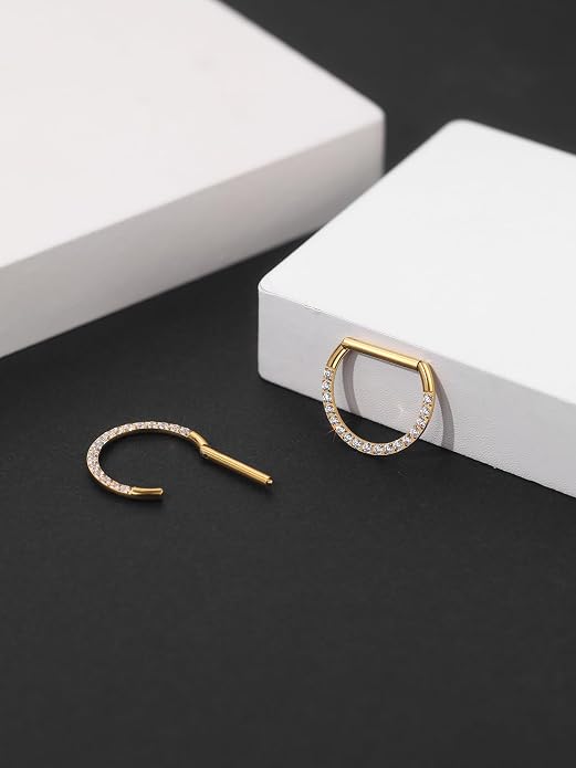 Oveta Titanium D Shaped Nipple Rings 14G for Nipple Piercing Jewelry Higned Segment Clicker Ring Hoops 11mm 12mm 14mm for Women Men, Silver Gold Black, 2PCS
