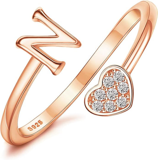 MILACOLATO 925 Sterling Silver Initial Rings for Women Teen Girl 18K Gold Plated Heart Initial Rings Adjustable Capital Letter Ring Stackable Thumb Pinky Rings for Daughter Birthday Bridesmaid Gifts Jewelry, A to Z