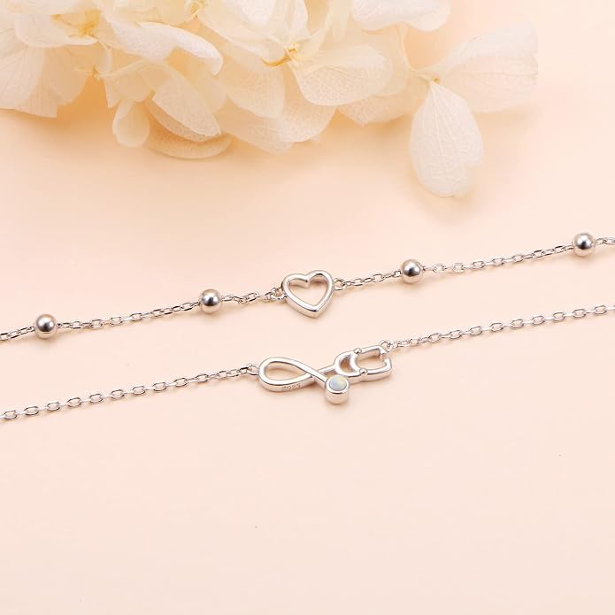 Flyow Anklet for Women S925 Sterling Silver Adjustable Foot Beaded Heart Charm Ankle Bracelet Anklets Jewelry