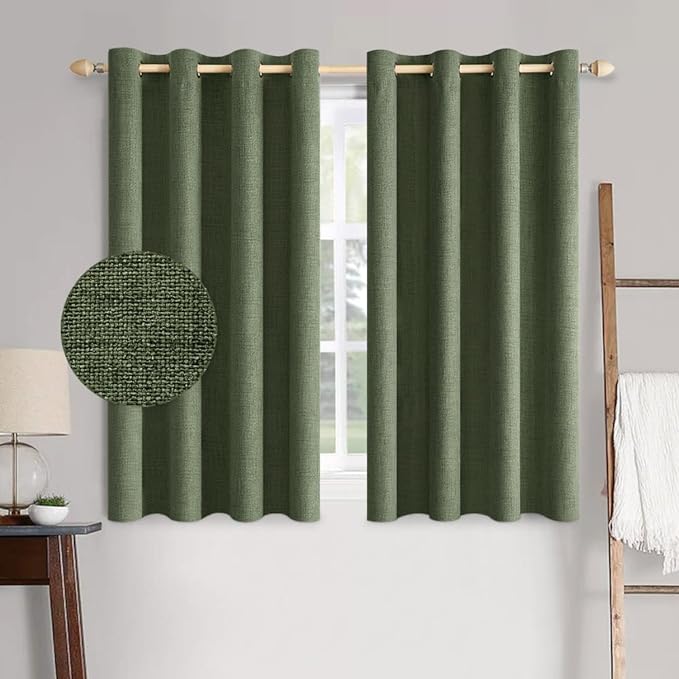 MIULEE 100% Blackout Linen Textured Curtains for Bedroom Solid Thermal Insulated Olive Green Grommet Room Darkening Curtains & Drapes Luxury Decor for Living Room 52 x 63 Inch (2 Panels)
