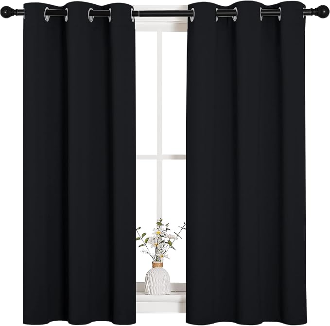 NICETOWN Halloween Bathroom Blackout Curtains and Drapes, Black Solid Thermal Insulated Grommet Blackout Drapery Panels for Window (2 Panels, 34 inches Wide by 45 inches Long, Black)
