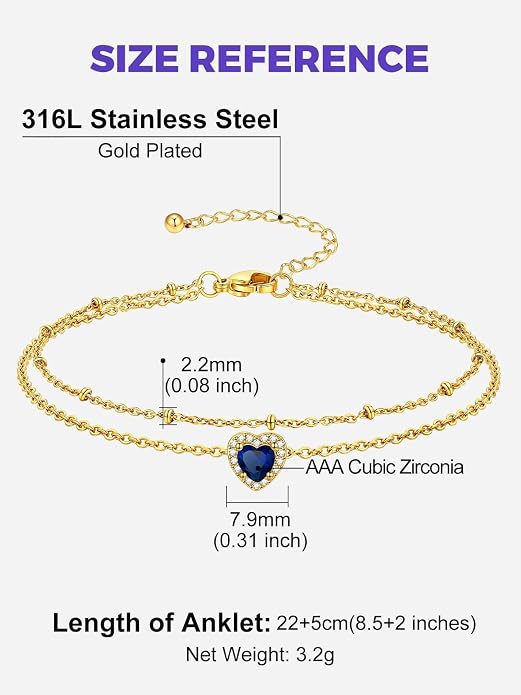 Richsteel Double Layer Heart/Butterfly Birthstone Anklet for Women Non Tarnish Waterproof, Silver/Gold/Black Stainless Steel 8.5-10.5 Inch Adjustable Chain Anklets Jewelry Gifts for Her