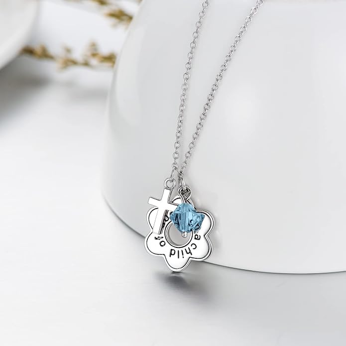 AOBOCO 925 Sterling Silver I Am a Child of God Daisy Necklace Jewelry Birthday Birthday Baptism Communion Gifts for Girls