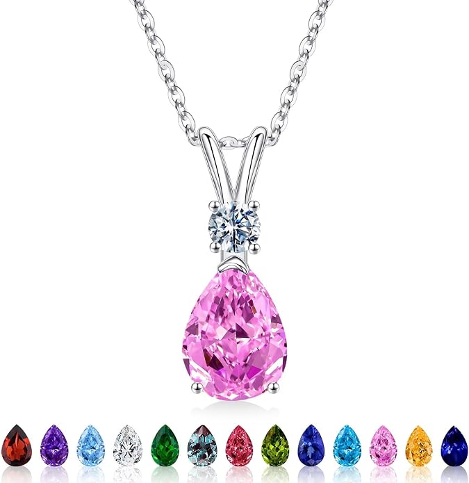 Iefil 925 Sterling Silver Birthstone Necklaces for Women - Teardrop Birthstone Jewelry, Anniversary Birthday Gifts for Women Wife Her