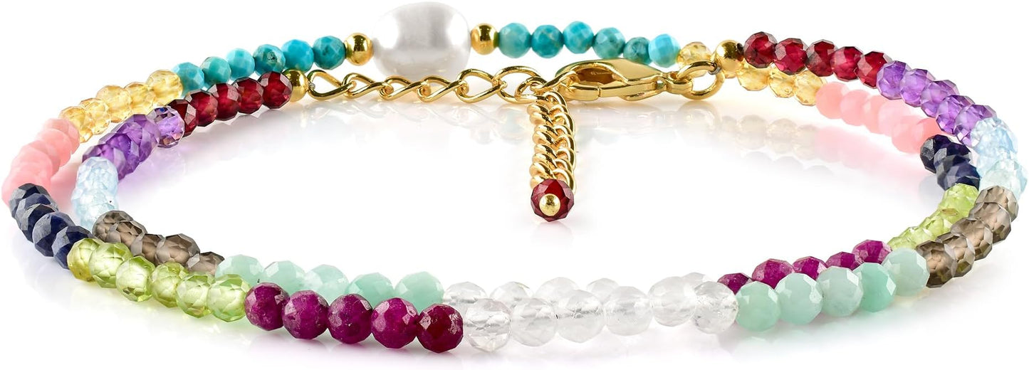 InfinityGemsArt Gemstone Gold Necklace For Women, Birthstone Natural Crystal Stone With Freshwater Pearl Beaded Jewelry, Gold Plated 18 Inch Chain