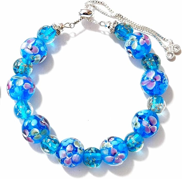 ARTSY Crafts Lily Garden Glow in the Dark Firefly Bead Bracelets Necklaces, Handmade in USA Murano Glass Jewelry, Flower Luminous Beads Mermaid Crystal Bracelet Bangle