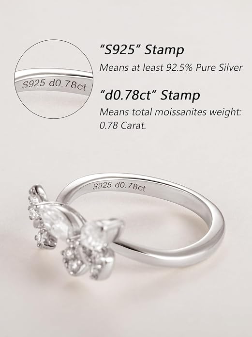 Moissanite Flower/Butterfly/Star Pretty Open Ring for Women, Adjustable Ring, Solid 925 Sterling Silver with Gold Plated, Stackable Ring, Birthday Valentines Anniversary Mothers Day Ideal Gift for Her