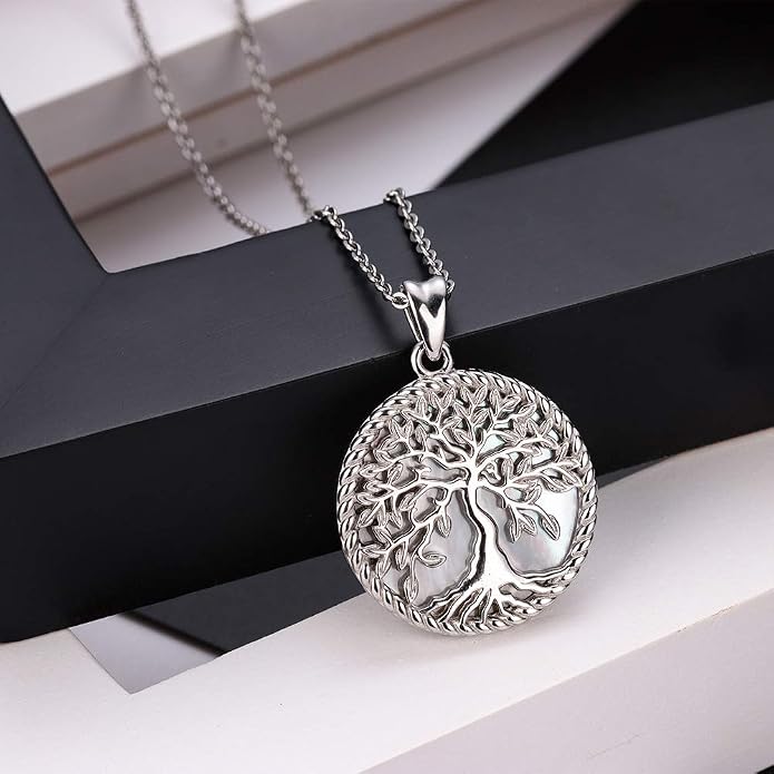 Aniu Tree of Life Necklace for Women, 925 Sterling Silver Mother of Pearl Family Palm Tree Charm Pendant Jewelry for Birthday Christmas Gift