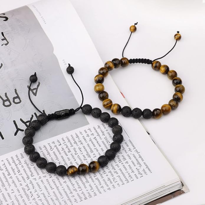 LONDON Mens Bracelet Leather Black Multi-Layer Stone Beads Adjustable Steel Clasp Viking Rope Bands Surfer Man Wristband Male UK Jewellery Gift box Boyfriend Dad Son Brother Tiger Eye
