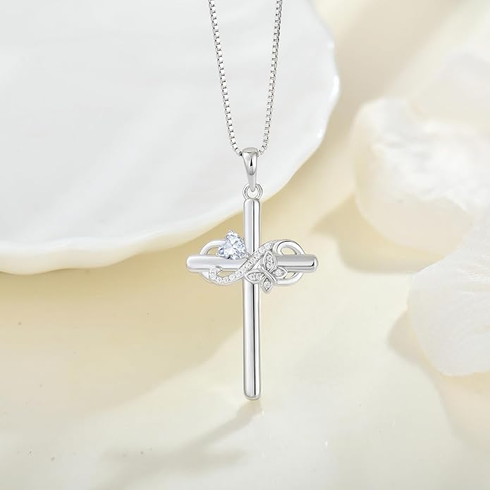 Infinity Butterfly Cross Necklace for Women 925 Sterling Silver Christian Religious Crucifix Pendant Birthstone Jewelry Gifts for Her