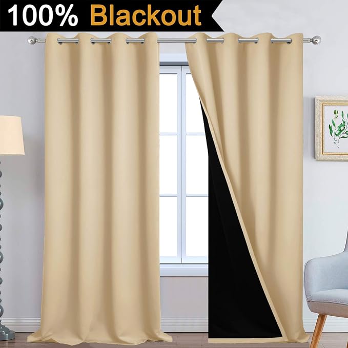 Yakamok Beige 100% Blackout Curtains 108 Inches Long for Bedroom 52" Wide | Blackout Curtain Panels for Bedroom, 2 Thick Layers Grommet Top Thermal Insulated Drapes with Black Liner for Living Room
