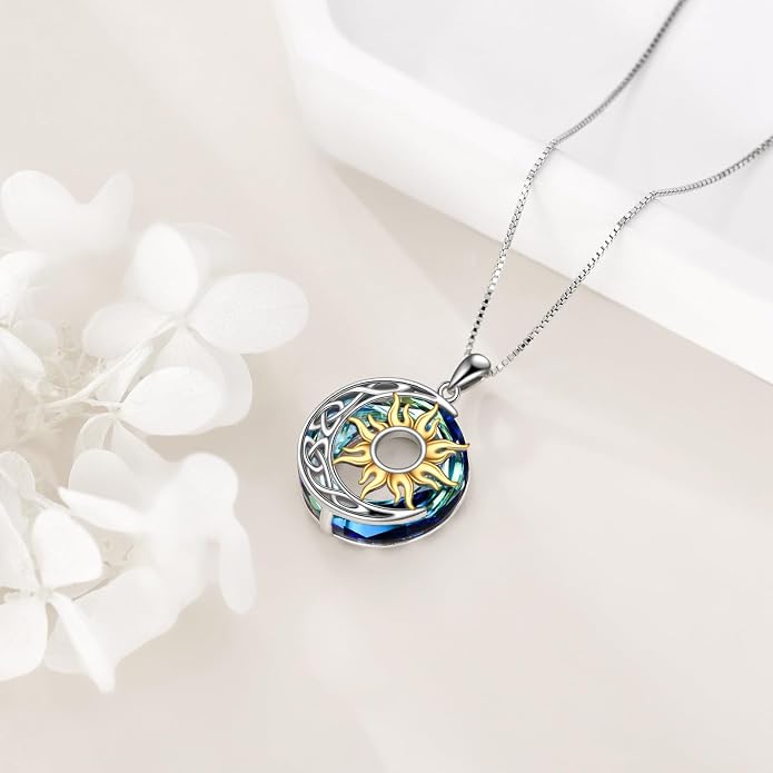 Sun and Moon Necklace for Women 925 Sterling Silver Celtic Crescent Moon Pendant Blue Opal/White Opal/Abelone Shell/Labradorite/Moonstone Jewelry Gift for Teen Girls