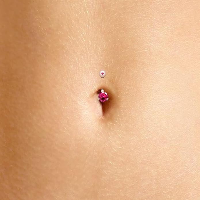 AFFY Internally Threaded Belly Button Navel Ring for Women, Three-Prong Round Simulated Birthstone in 14K Gold Over 925 Sterling Silver, Body Piercing Jewelry Gift