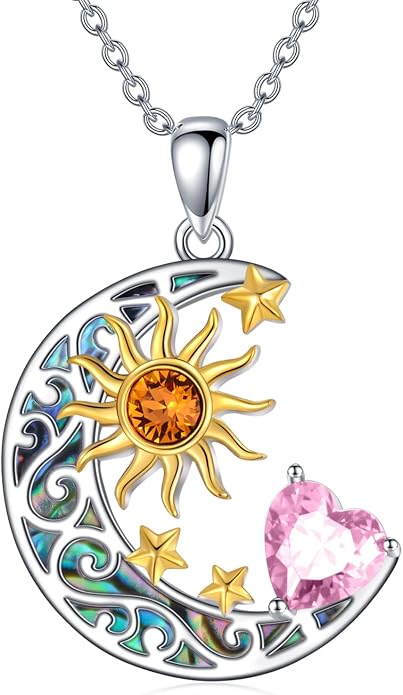 AOBOCO 925 Sterling Silver Sun and Moon Star Pendant Necklace with Simulated Birthstone, Birthday Christmas Jewelry Gift for Women Teen Girls