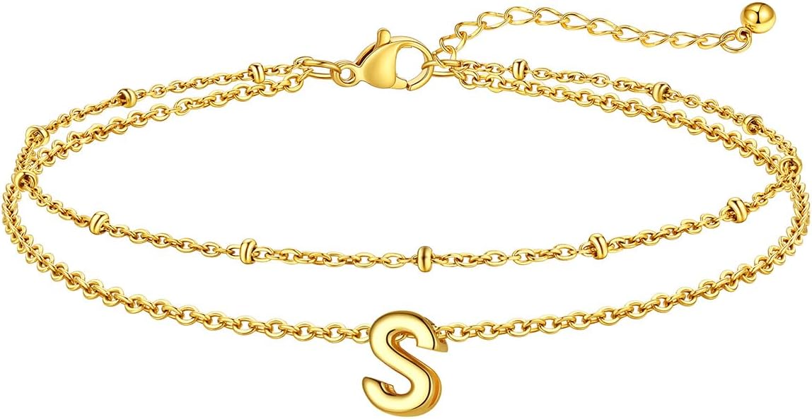 FaithHeart Initial Ankle Bracelets for Women, Waterproof 14k Gold Plated Initial Anklets Non Tarnish Stainless Steel Cute Layered Anklet Summer Beach Jewelry