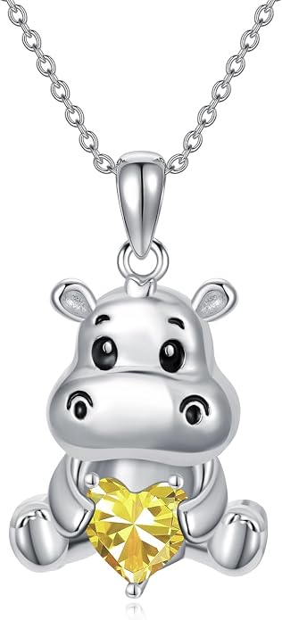 PROESS Animal Birthstone Necklace 925 Sterling Silver Otter/Axolotl/Hippo/Elephant/Dachshund/Monkey/Red Panda Pendant Necklace Animal Birthstone Jewelry Gifts for Women