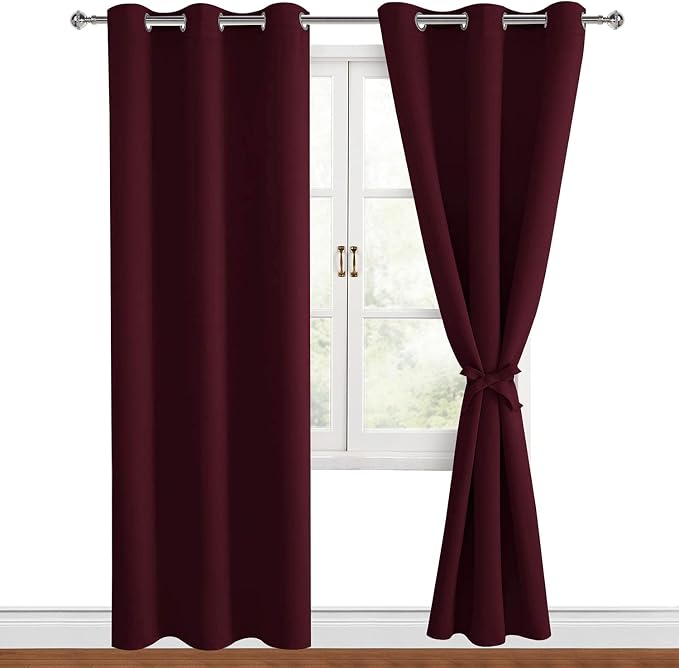 Hiasan Blackout Curtains for Bedroom, 42 x 84 Inches Long - Thermal Insulated & Light Blocking Window Curtains for Living Room Christmas Decor, 2 Drape Panels Sewn with Tiebacks, Burgundy