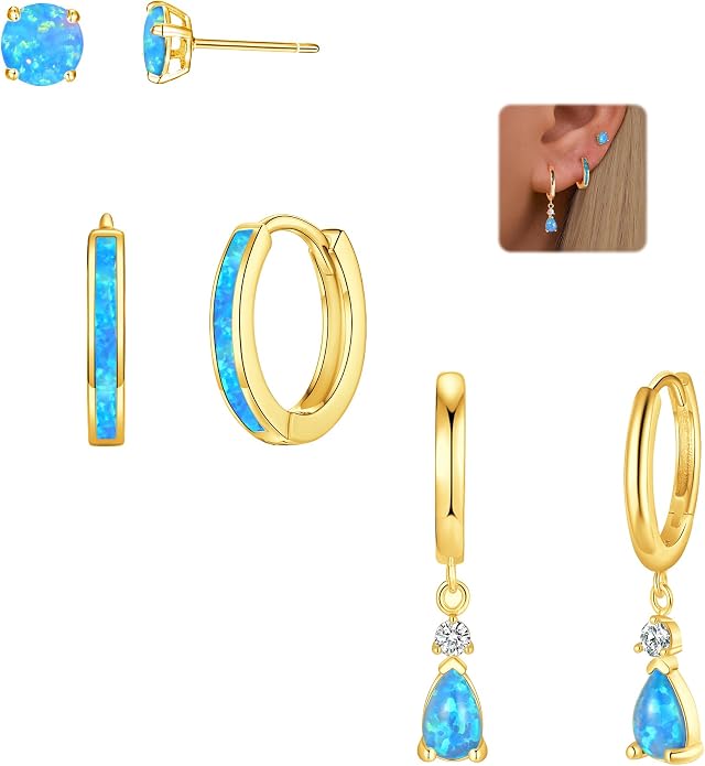 CiNily Opal Earrings Set for Women Hypoallergenic, Opal Stud Huggie Hoop Earrings Silver/Rose Gold Plated Dainty Hoop Huggie Silver Dangle Earring Stacks, Gold Jewelry