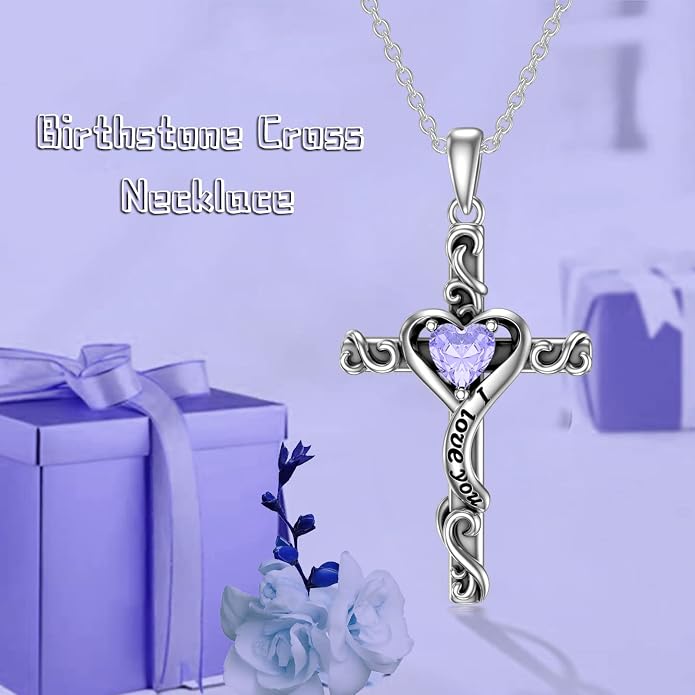 TOUPOP Cross Birthstone Necklace for Women 925 Sterling Silver Heart Cross Pendant I Love You Jewelry Anniversary Birthday Mothers Day Gifts for Mom Wife Her
