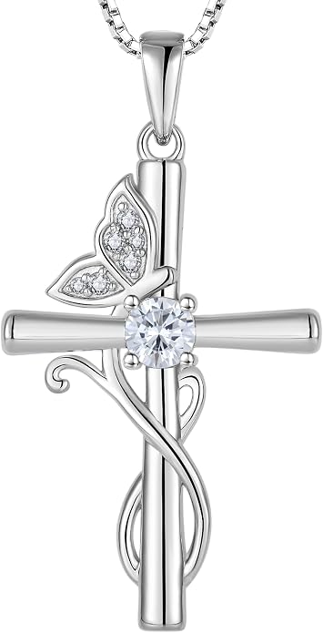 STARCHENIE Butterfly Cross Necklace 925 Sterling Silver Crucifix Pendant Birthstone Jewelry for Women