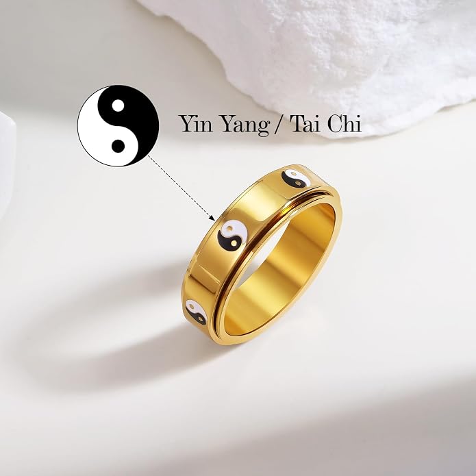 Evil Eye Fidget Ring for Women - 18K Gold Plated Stainless Steel Spinner Rings for Anxiety Relief, Ojo Turco Ring Luck Amulet, Turkish Faith Protection Stackable Jewelry Gift for Women Men