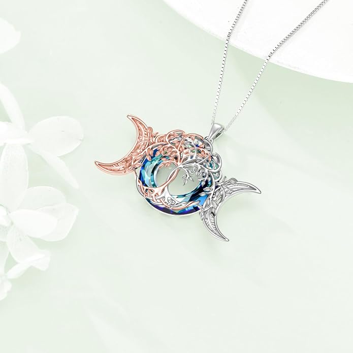 POPLYKE Tree of Life Necklace for Women Sterling Silver Celtic Knot Family Tree With Blue/Purple/Volcano Crystal Irish Gifts for Mom Wife Birthday Christmas
