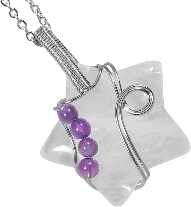 Nupuyai Natural Healing Crystal Star Stone Pendant Necklace for Women Handmade Wire Wrapped Crystal Quartz Pendant