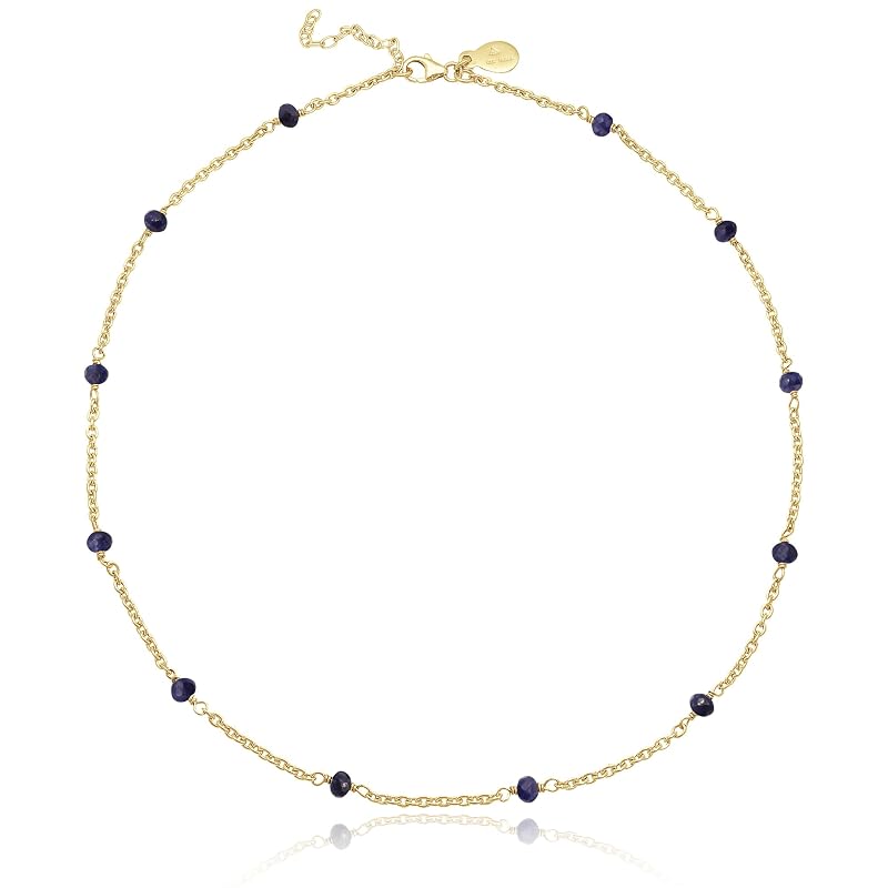 Blue Sapphire Necklace for Women, Premium Beaded Gold Necklaces - Tarnish Free 18K Gold Vermeil Certified S925 Classic Statement Necklace Gold Jewelry for Women - Mothers Day Gifts for Mom Wife