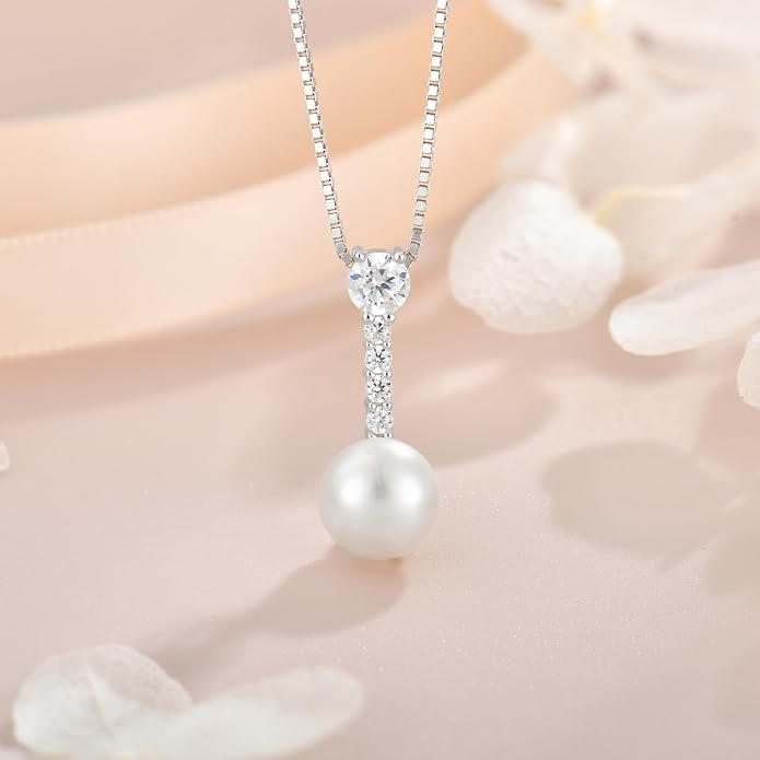 Pearl Necklace for Women, 925 Sterling Silver Dainty Round Freshwater Pearl with 5A Zircon Pendant Ideal Birthstone Jewelry Gifts for Her