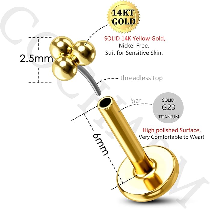 Cocharm 14K Gold Triple Ball Threadless Tragus Earrings 16g Push in Flat Back Helix Piercing