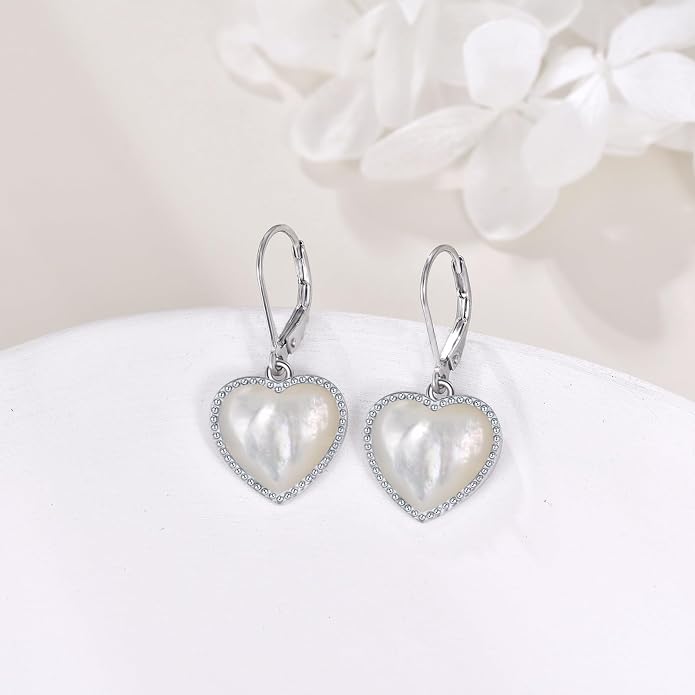 Mother of Pearl/Black Onyx/Abalone Shell Heart Leverback Dangle Earrings Sterling Silver Fashion Jewelry Gifts for Women